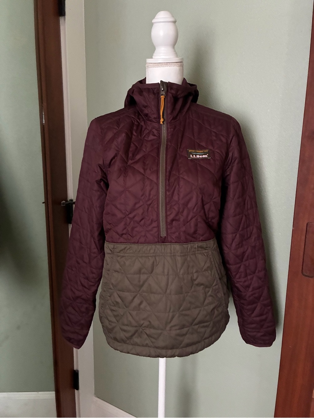 L.L. Bean Women's Quilted Pullover Puffer Jacket - Burgundy & Olive
